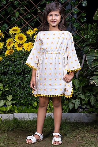 White Embroidered Kaftan Dress For Girls by LittleCheer