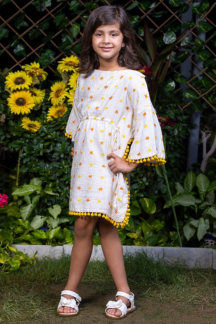 White Embroidered Kaftan Dress For Girls by LittleCheer at Pernia's Pop Up Shop