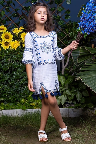 White Cotton Slub Dress For Girls by LittleCheer