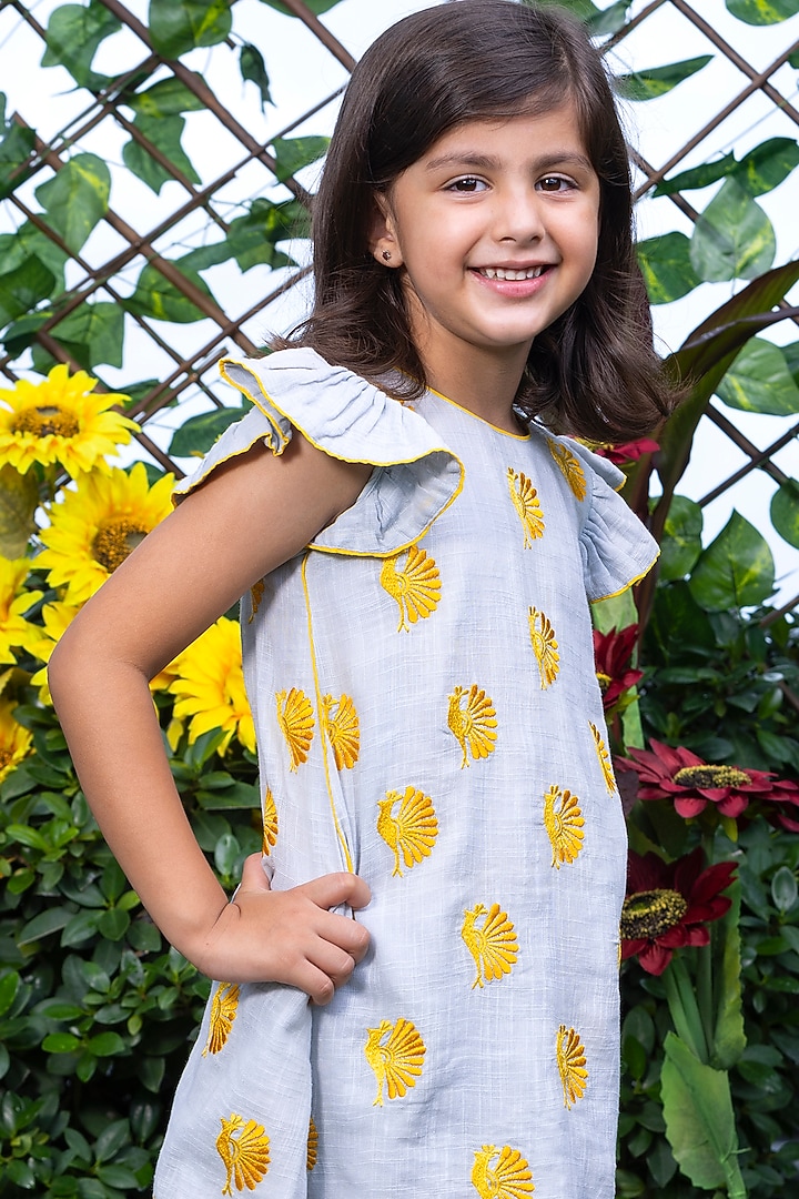 Light Grey Embroidered A-Line Dress For Girls by LittleCheer at Pernia's Pop Up Shop