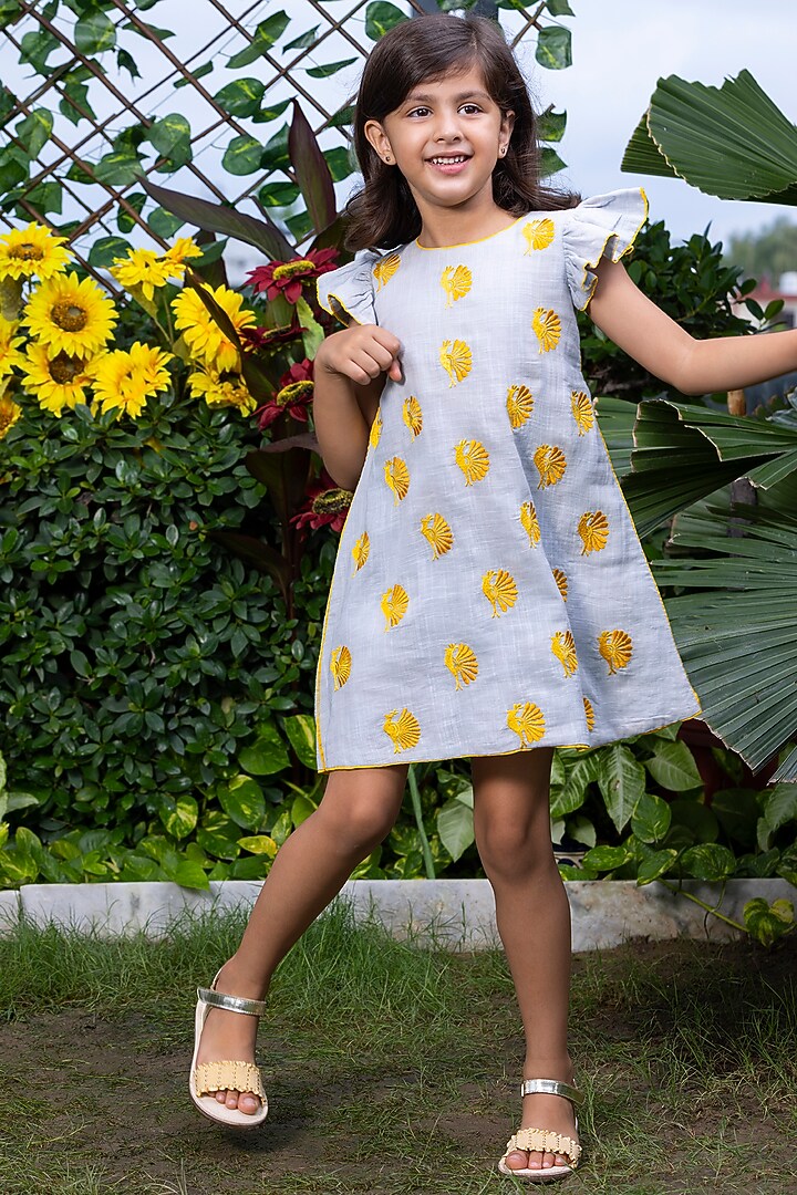 Light Grey Embroidered A-Line Dress For Girls by LittleCheer at Pernia's Pop Up Shop