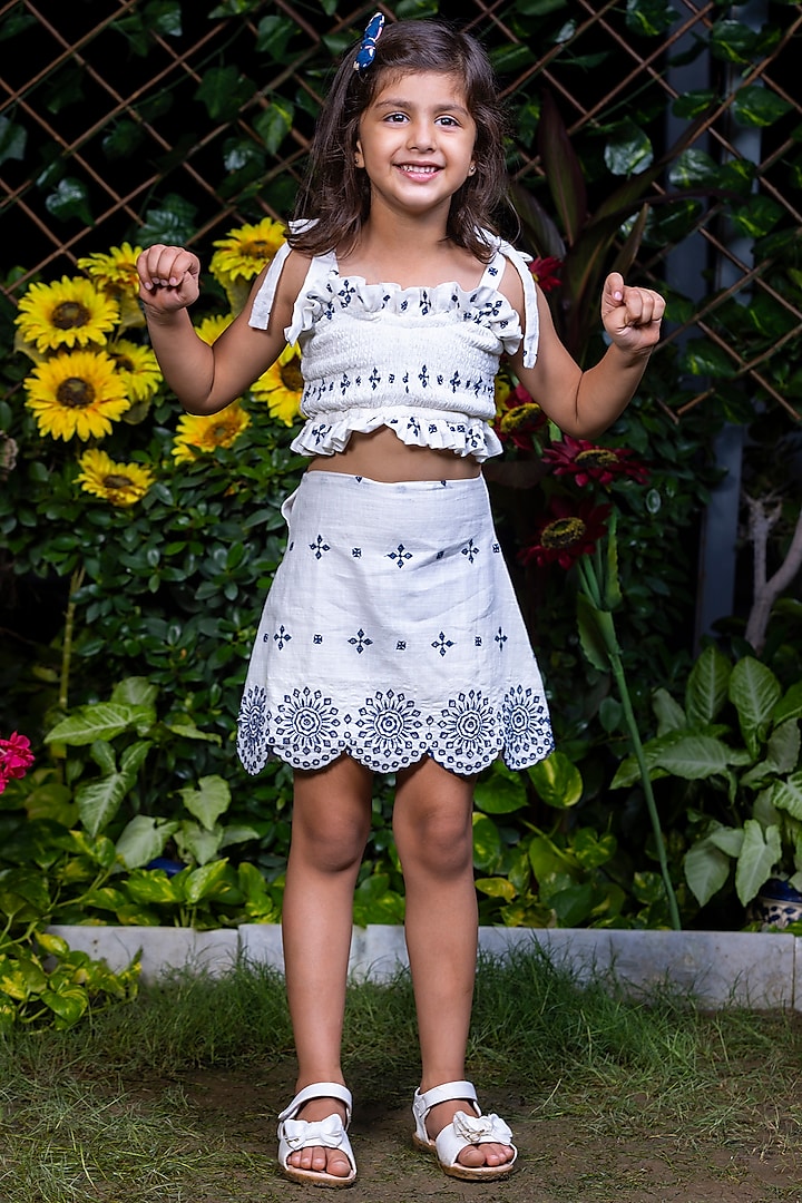 White Embroidered Skirt Set For Girls by LittleCheer
