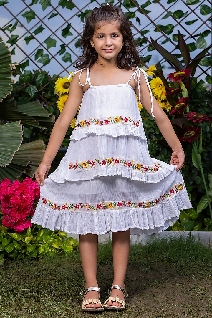 White Floral Embroidered Tiered Dress For Girls by LittleCheer