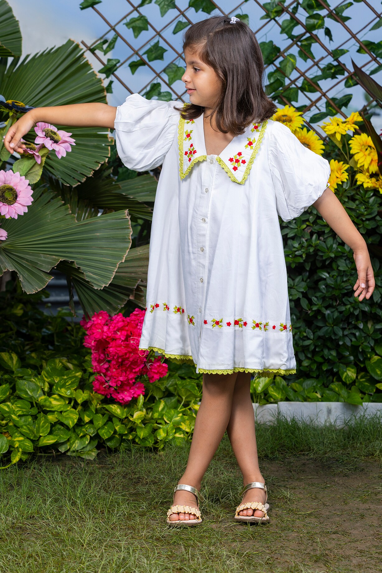 white christmas dresses Kalparun Women's Embroidered Cotton Short Dress, Soft Ivory with Floral  Pattern, 3/4 Sleeve, Empire Waist main image 1