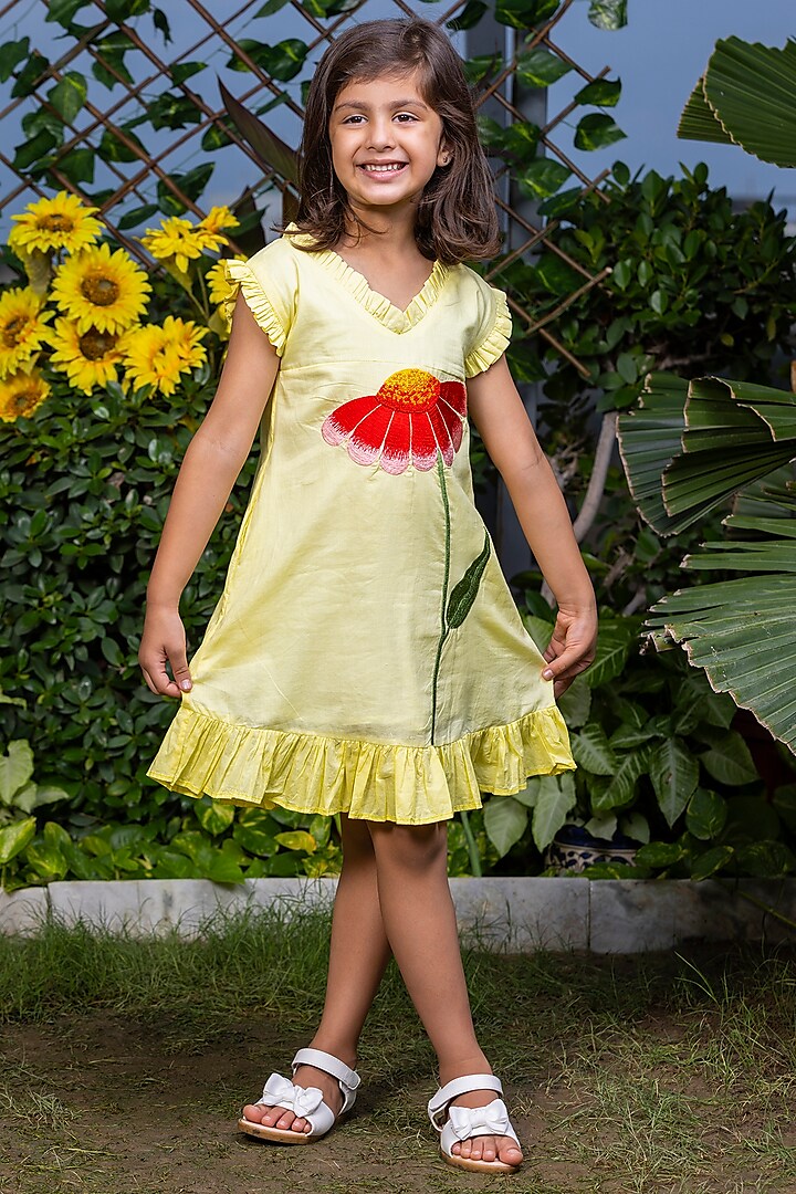 Chrome Yellow Embroidered Dress For Girls by LittleCheer