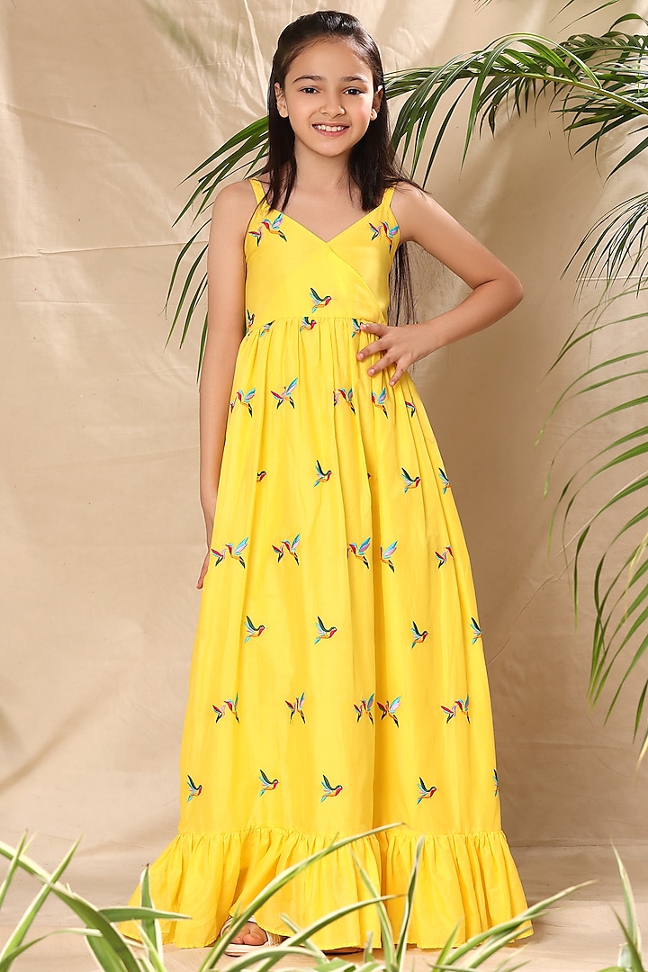 Yellow Soft Cotton Cambric Birds Embroidered Maxi Dress For Girls by LittleCheer at Pernia's Pop Up Shop