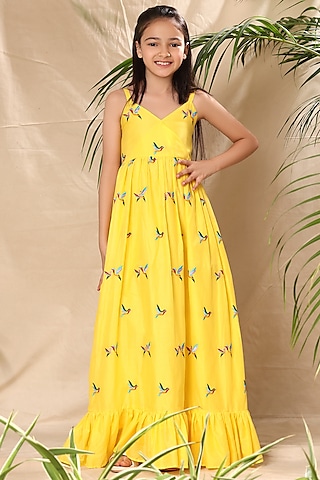 Yellow Soft Cotton Cambric Birds Embroidered Maxi Dress For Girls