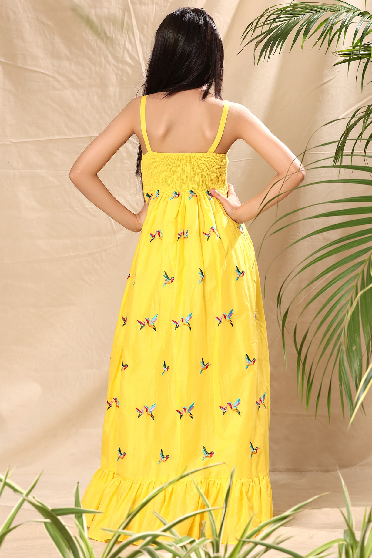 Yellow Soft Cotton Cambric Birds Embroidered Maxi Dress For Girls