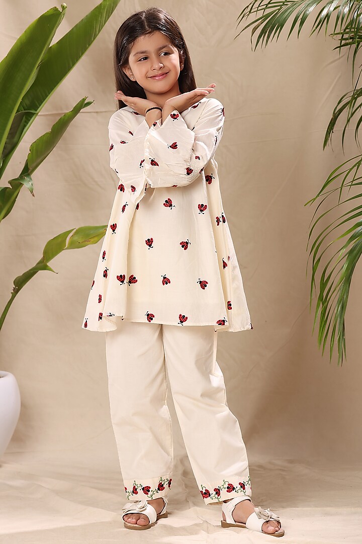 Off-White Soft Cotton Cambric Embroidered Co-Ord Set For Girls by LittleCheer at Pernia's Pop Up Shop