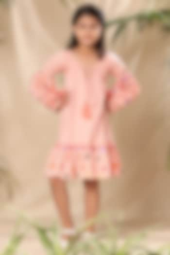 Pink Soft Cotton Cambric Floral Embroidered A-Line Tiered Dress For Girls by LittleCheer at Pernia's Pop Up Shop