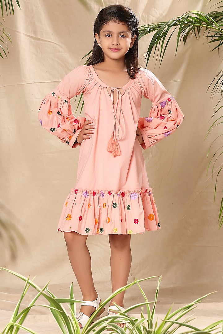 Pink Soft Cotton Cambric Floral Embroidered A-Line Tiered Dress For Girls by LittleCheer at Pernia's Pop Up Shop