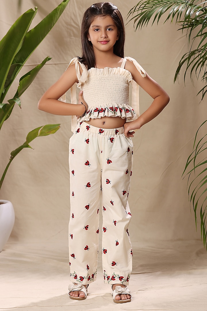 Off-White Soft Cotton Cambric Embroidered Co-Ord Set For Girls by LittleCheer at Pernia's Pop Up Shop