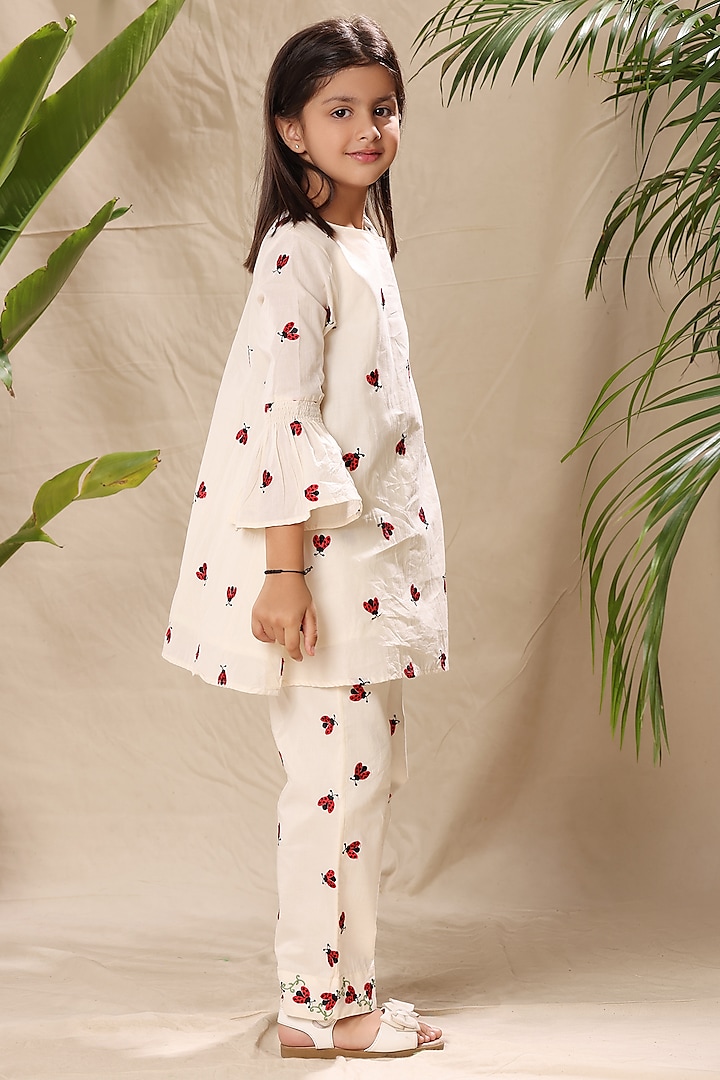 Off-White Soft Cotton Cambric Ladybug Embroidered Kurta Set For Girls by LittleCheer at Pernia's Pop Up Shop