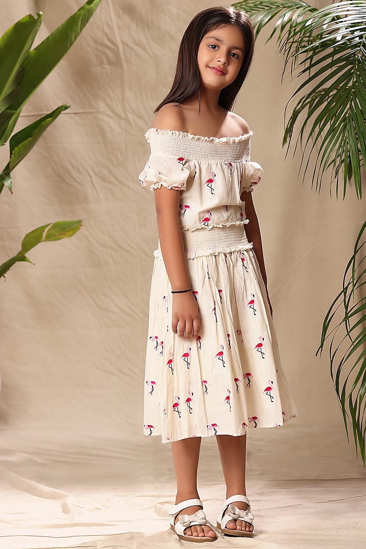 Off-White Soft Cotton Cambric Embroidered One-Shoulder Flared Dress For Girls by LittleCheer at Pernia's Pop Up Shop