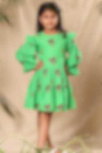 Green Soft Cotton Cambric Floral Embroidered Tiered Dress For Girls by LittleCheer at Pernia's Pop Up Shop