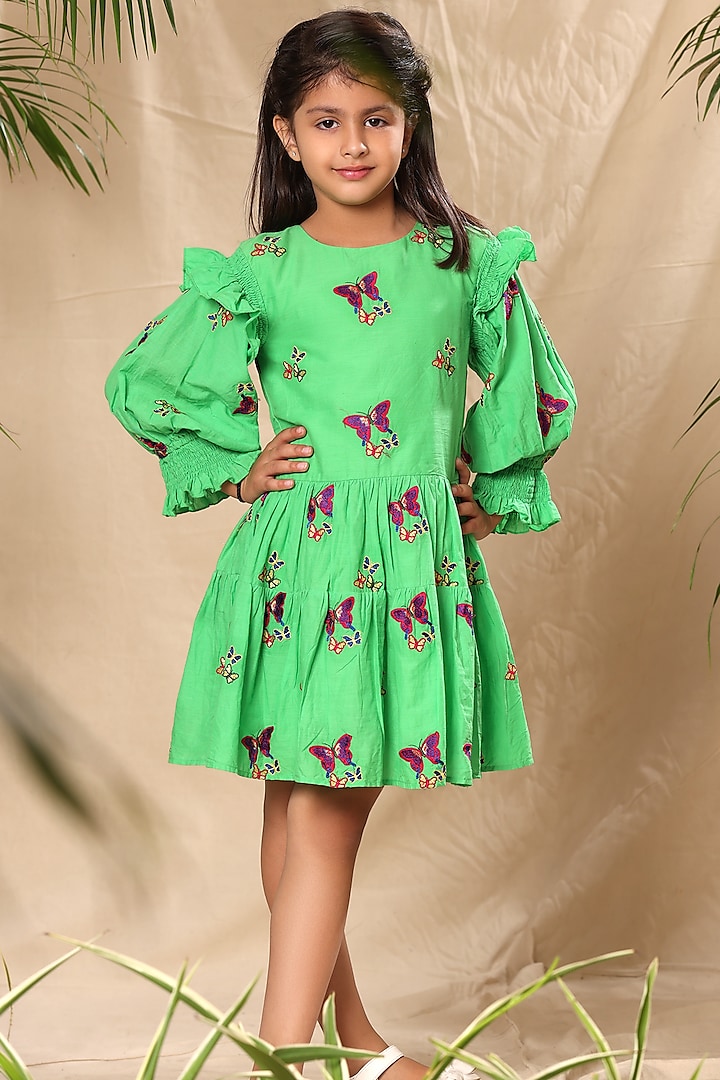 Green Soft Cotton Cambric Floral Embroidered Tiered Dress For Girls by LittleCheer at Pernia's Pop Up Shop