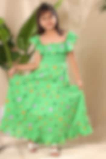 Green Soft Cotton Cambric Floral Embroidered Maxi Dress For Girls by LittleCheer at Pernia's Pop Up Shop