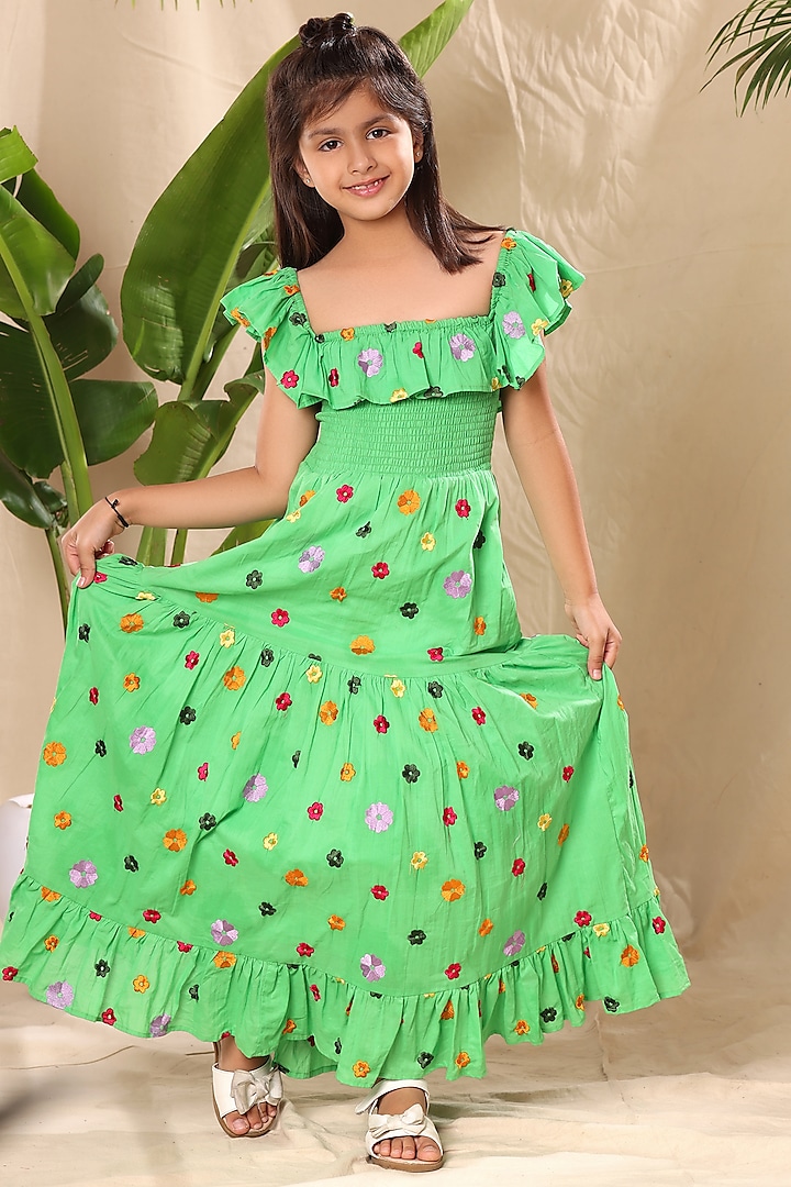 Green Soft Cotton Cambric Floral Embroidered Maxi Dress For Girls by LittleCheer at Pernia's Pop Up Shop