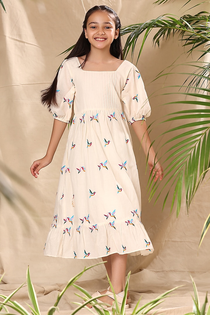 Off-White Soft Cotton Cambric Birds Embroidered Dress For Girls by LittleCheer at Pernia's Pop Up Shop