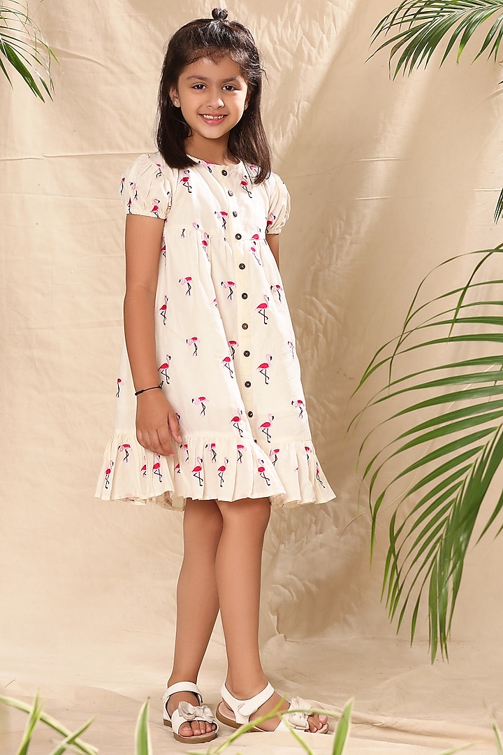 Off-White Soft Cotton Cambric Flamingo Embroidered Dress For Girls by LittleCheer at Pernia's Pop Up Shop