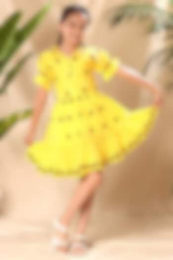 Yellow Soft Cotton Cambric Ladybug Embroidered Flared Dress For Girls by LittleCheer at Pernia's Pop Up Shop