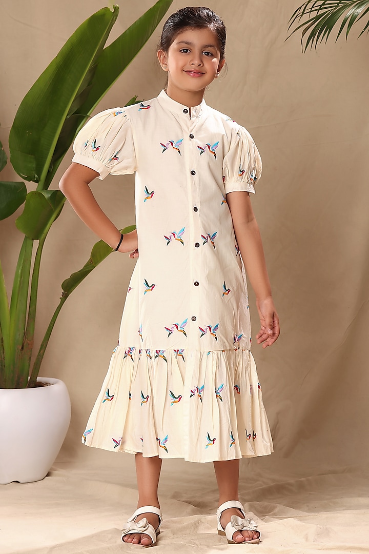 Off-White Soft Cotton Cambric Birds Embroidered Midi Dress For Girls by LittleCheer at Pernia's Pop Up Shop