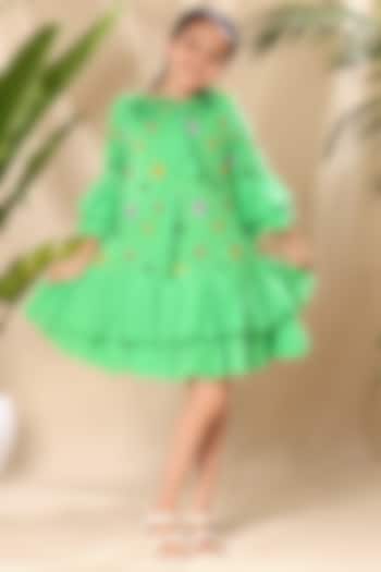 Green Soft Cotton Cambric Floral Embroidered Tiered Dress For Girls by LittleCheer