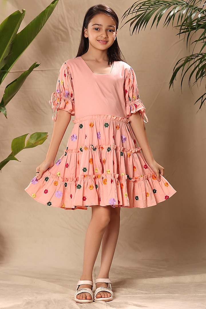 Pink Soft Cotton Cambric Floral Embroidered Tiered Dress For Girls by LittleCheer at Pernia's Pop Up Shop