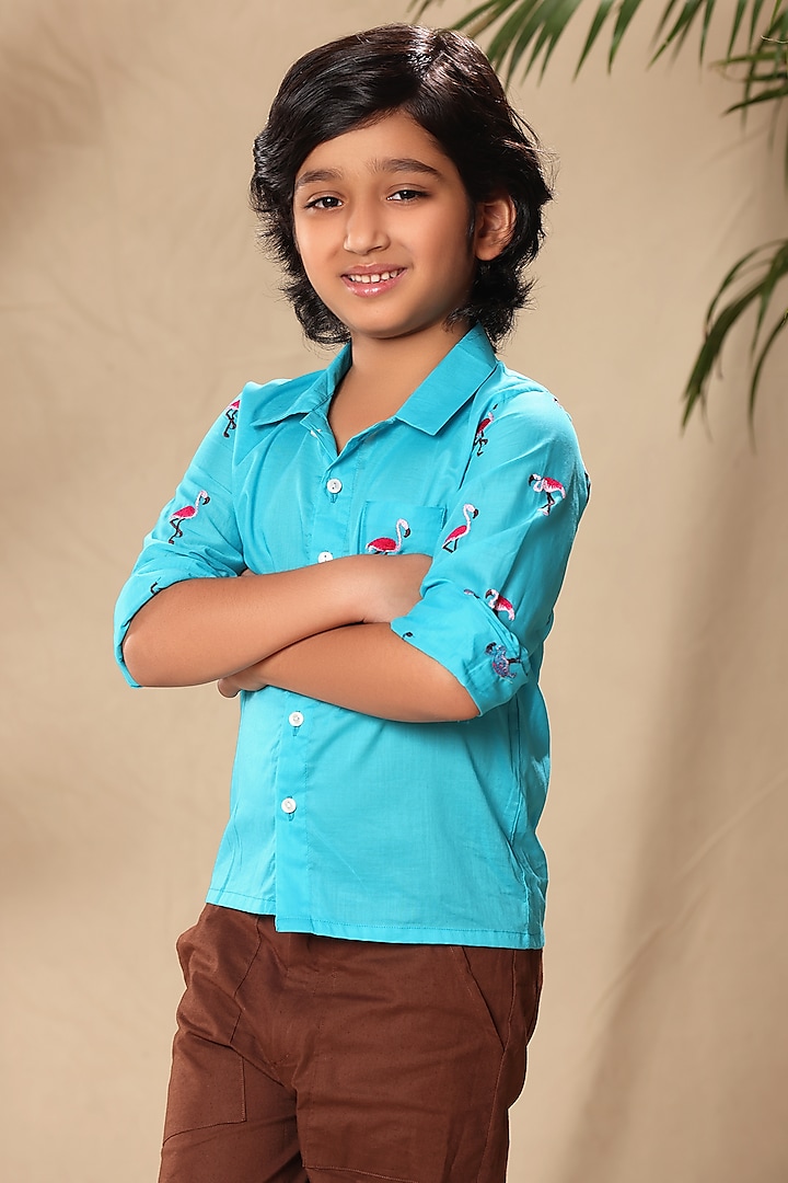 Blue Soft Cotton Cambric Flamingo Embroidered Shirt For Boys by LittleCheer at Pernia's Pop Up Shop