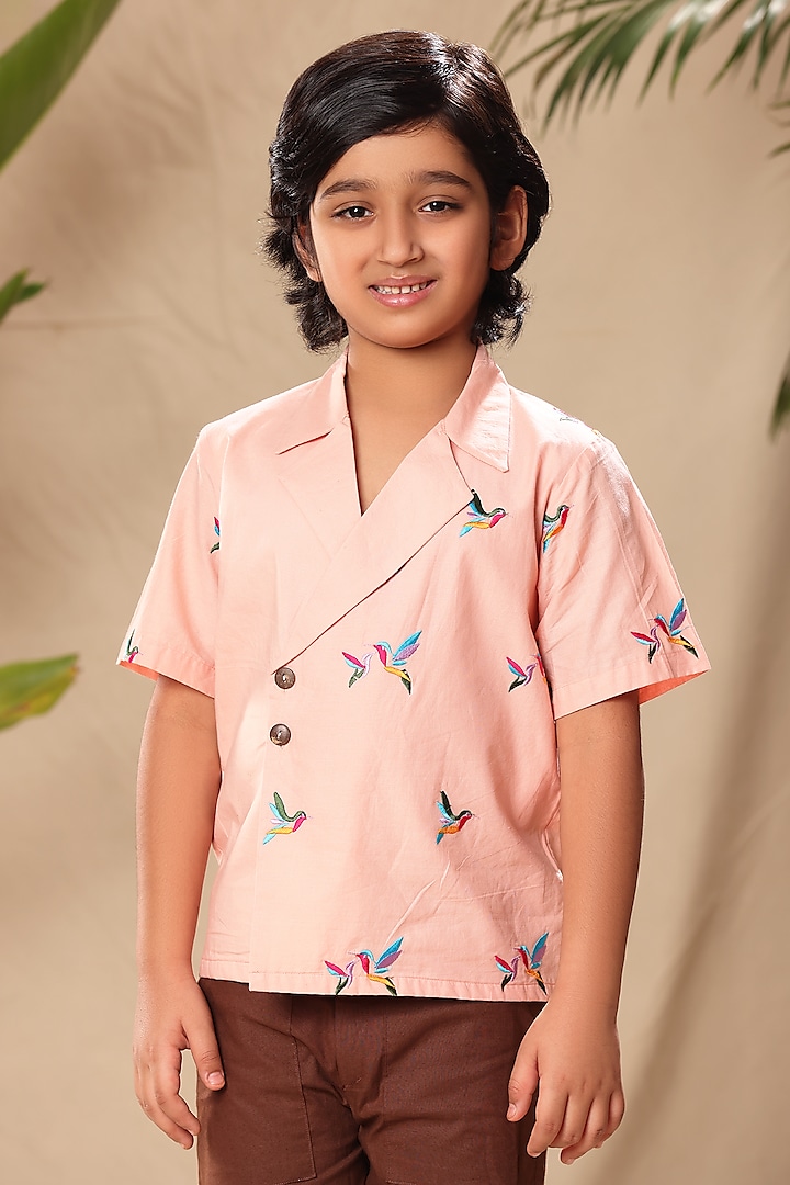 Pink Soft Cotton Cambric Birds Embroidered Shirt For Boys by LittleCheer at Pernia's Pop Up Shop