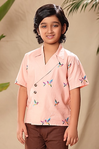 Pink Soft Cotton Cambric Birds Embroidered Shirt For Boys by LittleCheer