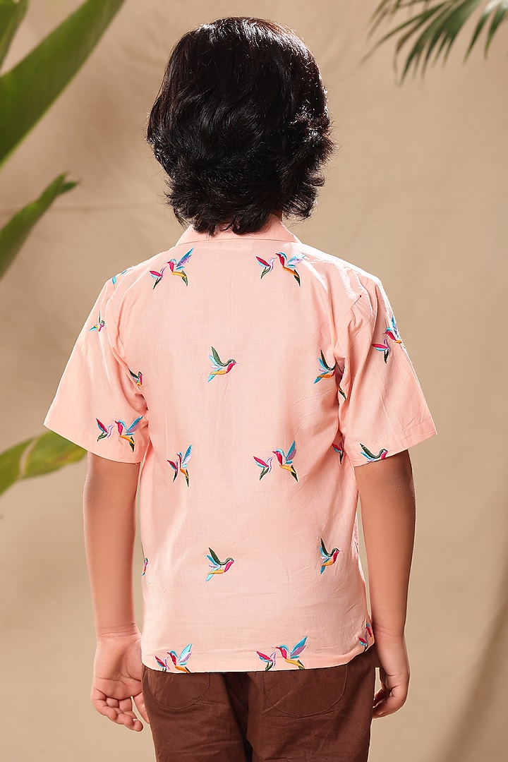 Pink Soft Cotton Cambric Birds Embroidered Shirt For Boys by LittleCheer at Pernia's Pop Up Shop