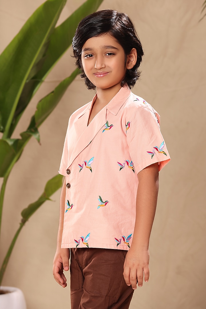 Pink Soft Cotton Cambric Birds Embroidered Shirt For Boys by LittleCheer at Pernia's Pop Up Shop
