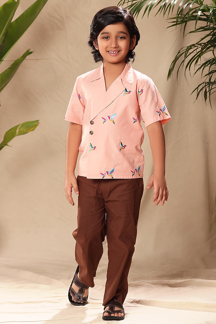 Pink Soft Cotton Cambric Birds Embroidered Shirt For Boys by LittleCheer at Pernia's Pop Up Shop