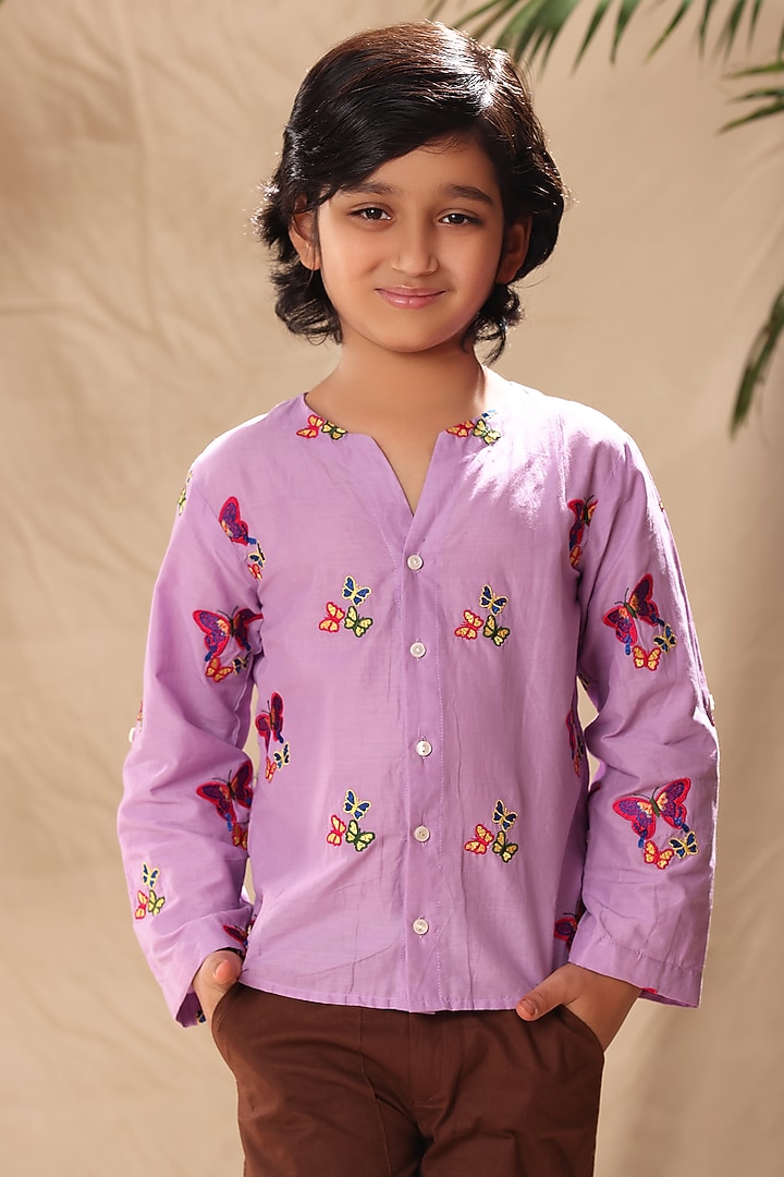 Lavender Soft Cotton Cambric Butterfly Embroidered Shirt For Boys by LittleCheer at Pernia's Pop Up Shop