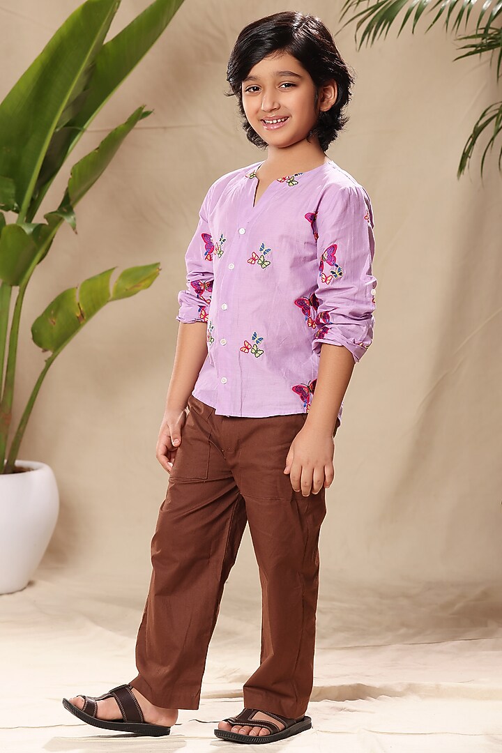 Lavender Soft Cotton Cambric Butterfly Embroidered Shirt For Boys by LittleCheer at Pernia's Pop Up Shop