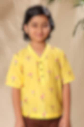 Yellow Soft Cotton Cambric Flamingo Embroidered Short Kurta For Boys by LittleCheer