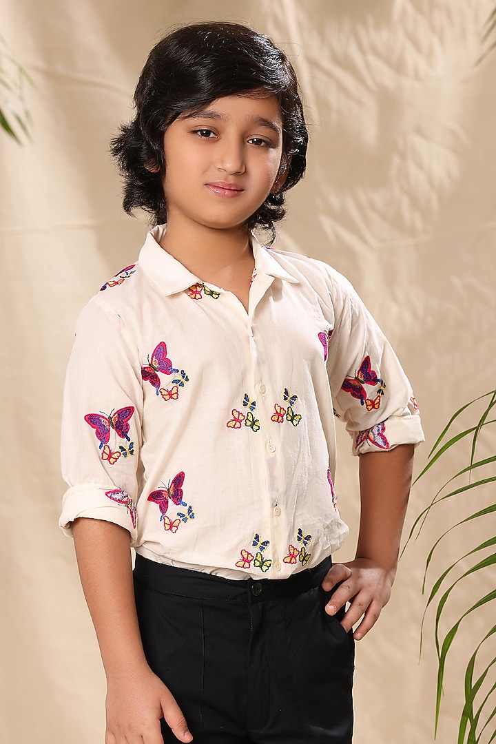 Off-White Soft Cotton Cambric Butterfly Embroidered Shirt For Boys by LittleCheer at Pernia's Pop Up Shop
