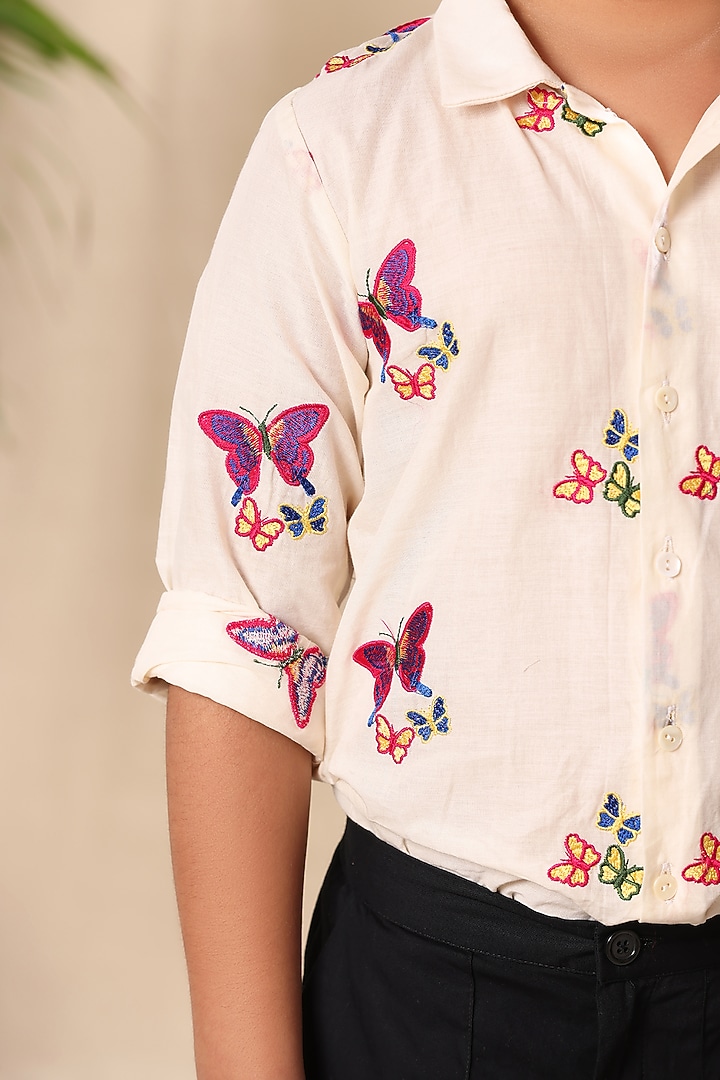 Off-White Soft Cotton Cambric Butterfly Embroidered Shirt For Boys by LittleCheer at Pernia's Pop Up Shop