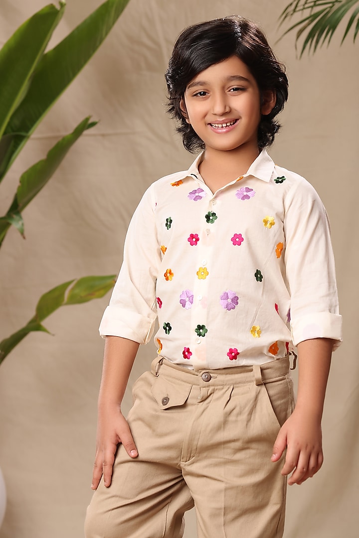 Off-White Soft Cotton Cambric Floral Embroidered Shirt For Boys by LittleCheer at Pernia's Pop Up Shop