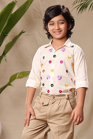 Off-White Soft Cotton Cambric Floral Embroidered Shirt For Boys by LittleCheer