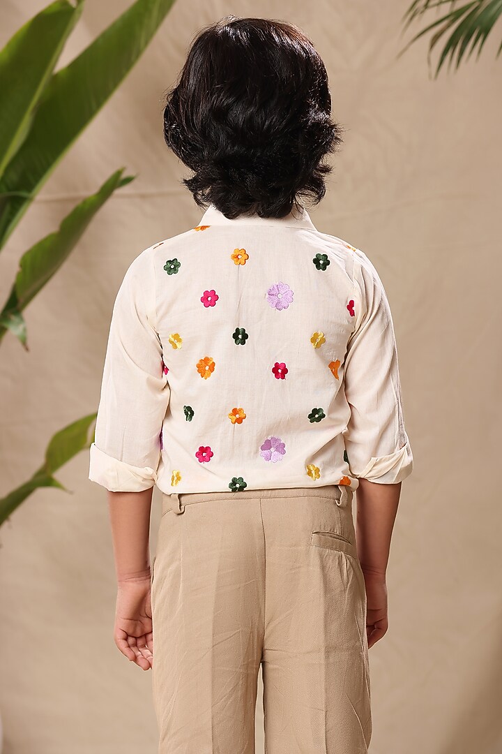 Off-White Soft Cotton Cambric Floral Embroidered Shirt For Boys by LittleCheer at Pernia's Pop Up Shop
