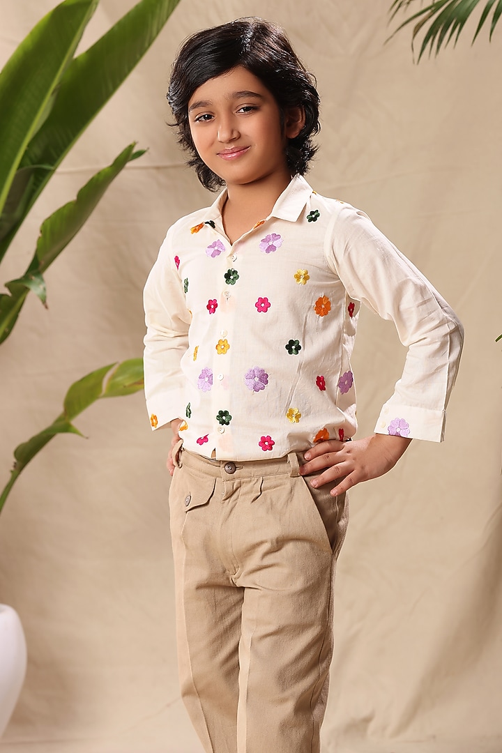 Off-White Soft Cotton Cambric Floral Embroidered Shirt For Boys by LittleCheer at Pernia's Pop Up Shop