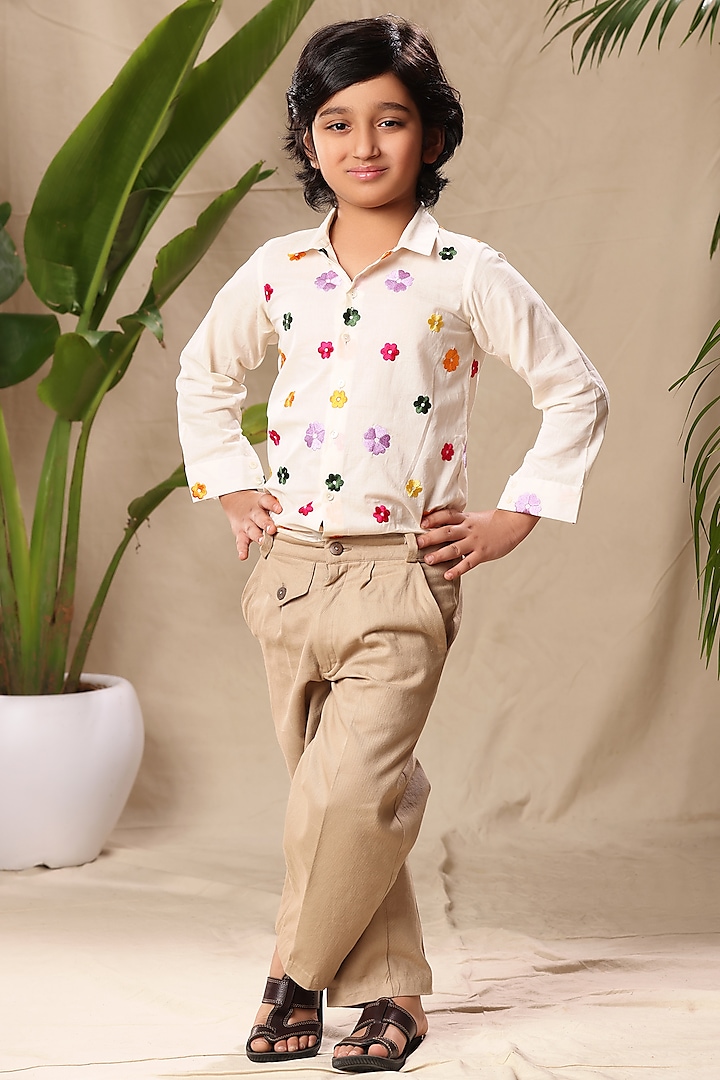 Beige Soft Cotton Cambric Trouser Set For Boys by LittleCheer