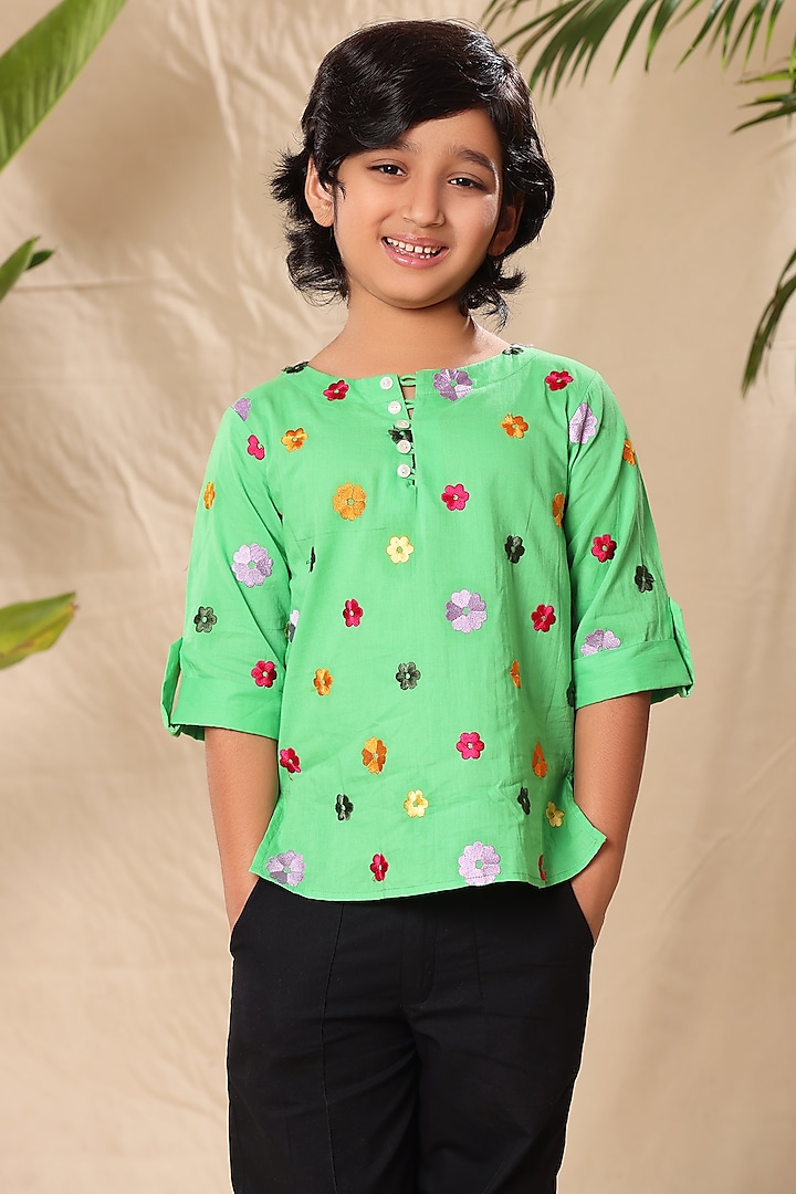 Green Soft Cotton Cambric Floral Embroidered Shirt For Boys by LittleCheer at Pernia's Pop Up Shop