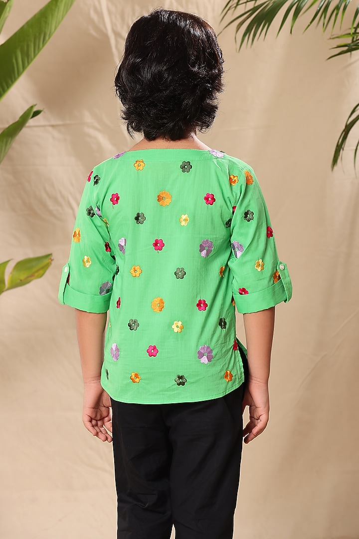 Green Soft Cotton Cambric Floral Embroidered Shirt For Boys by LittleCheer at Pernia's Pop Up Shop