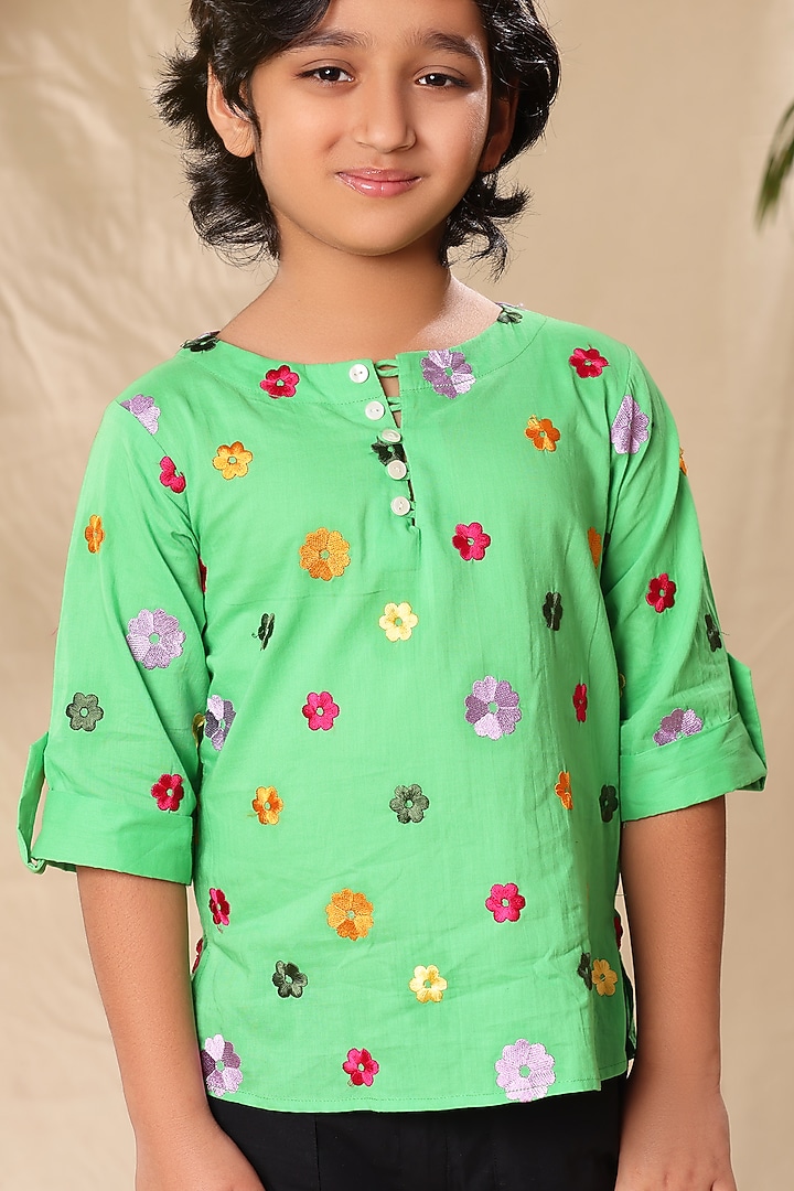 Green Soft Cotton Cambric Floral Embroidered Shirt For Boys by LittleCheer at Pernia's Pop Up Shop