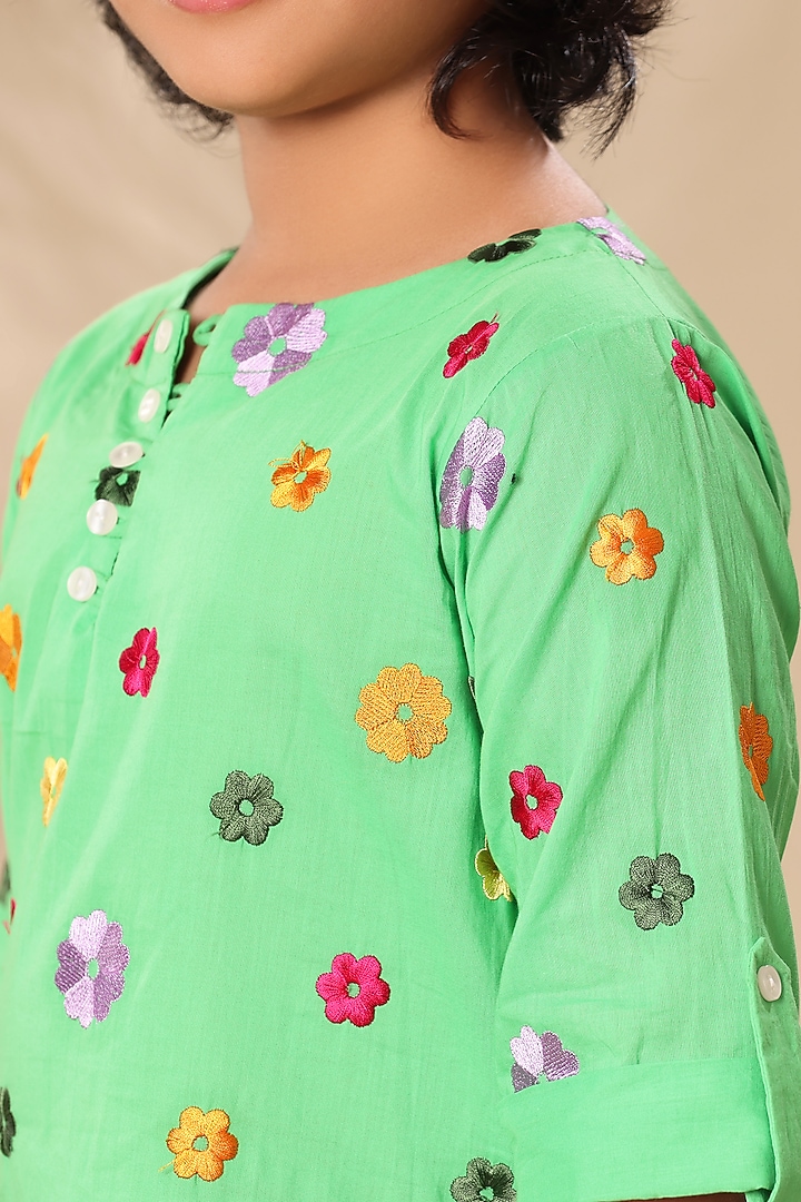 Green Soft Cotton Cambric Floral Embroidered Shirt For Boys by LittleCheer at Pernia's Pop Up Shop
