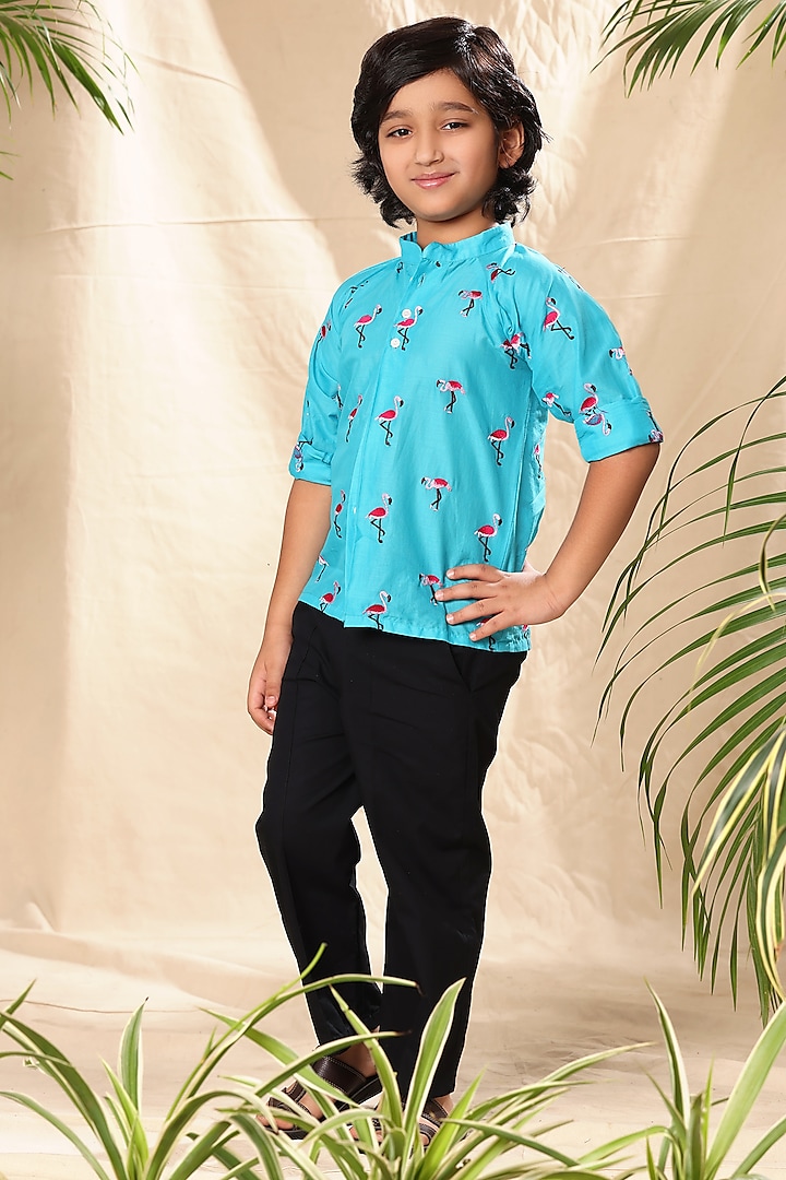 Blue Soft Cotton Cambric Flamingo Embroidered Shirt For Boys by LittleCheer at Pernia's Pop Up Shop