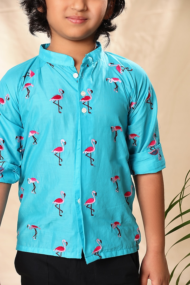 Blue Soft Cotton Cambric Flamingo Embroidered Shirt For Boys by LittleCheer at Pernia's Pop Up Shop